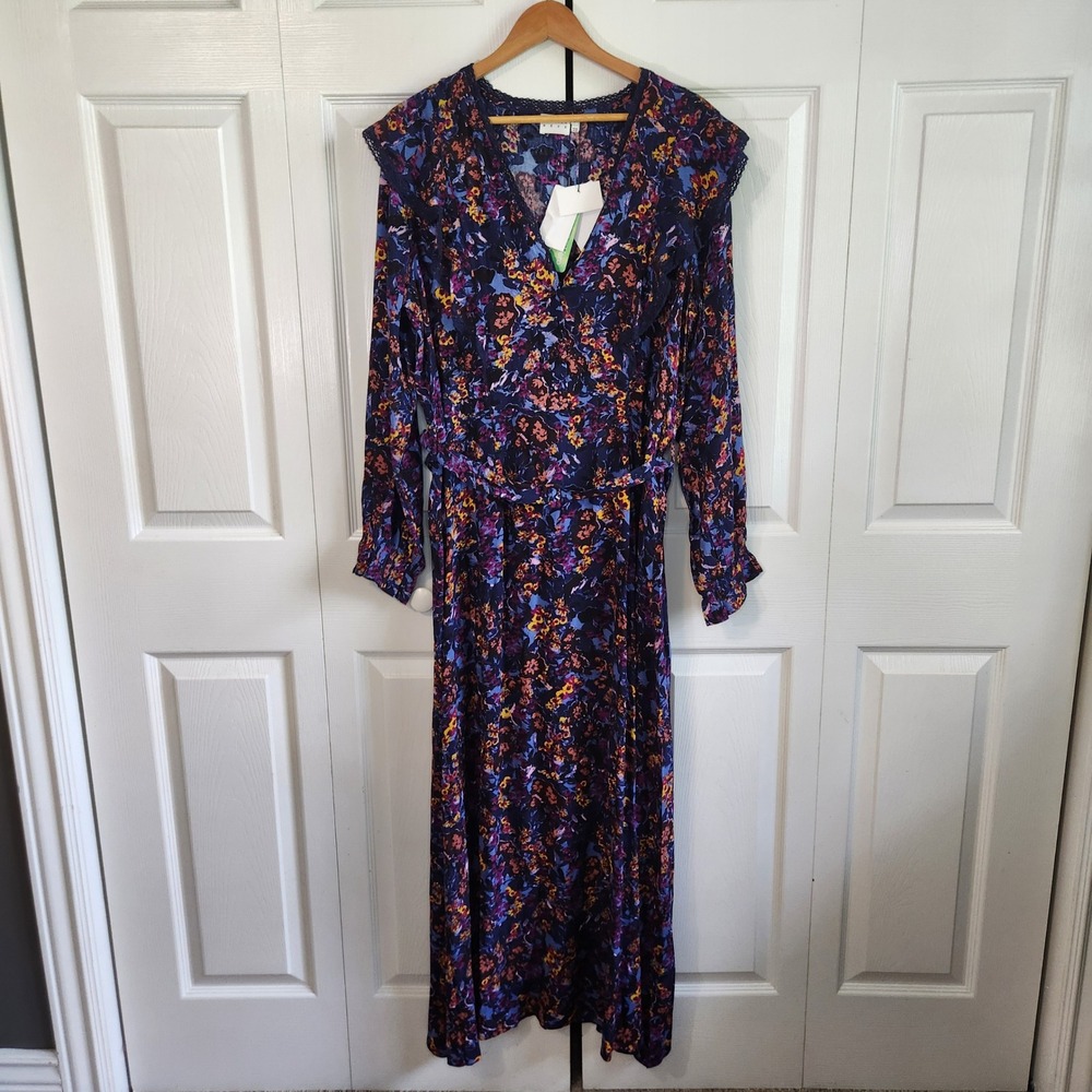 Atelier Reve IRMA Maxi Dress Navy Floral Lace Trim Ruffle‎ Belted Size 40/10 NEW